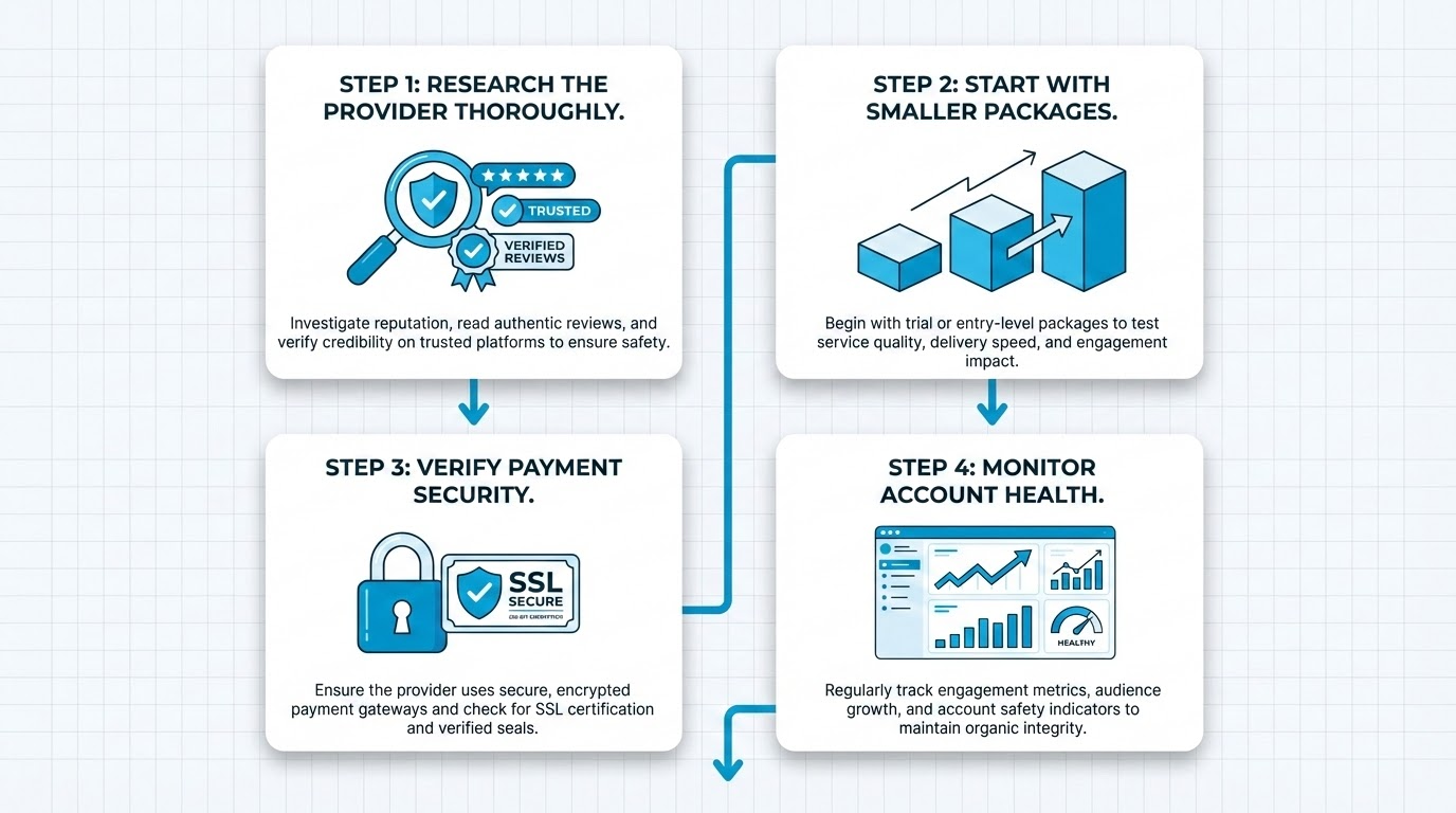 Safe TikTok engagement purchasing steps illustration