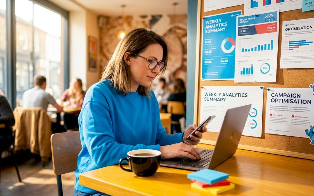 Business owner managing social media workflow
