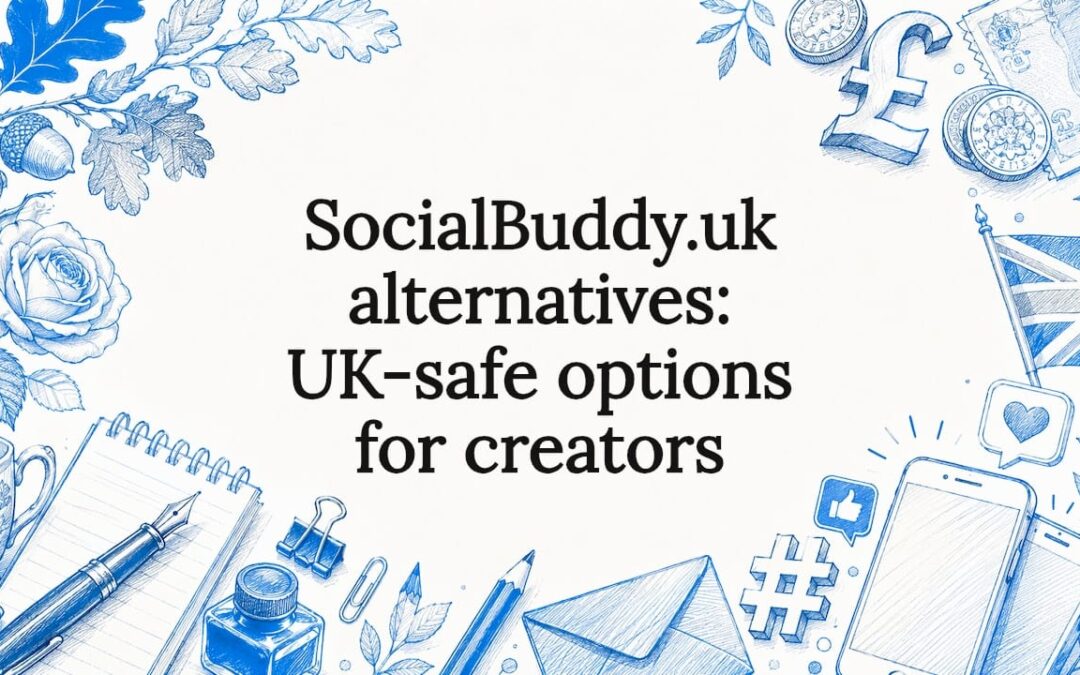Decorative illustrated title card with UK social and currency motifs