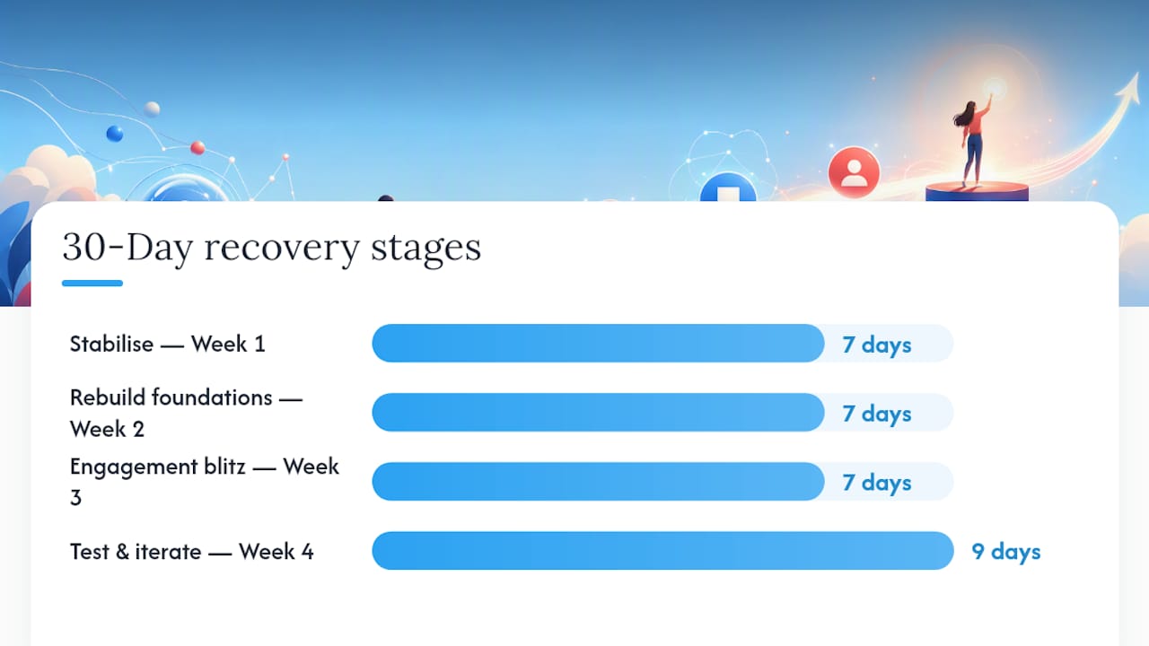 Four-stage 30-day follower recovery plan